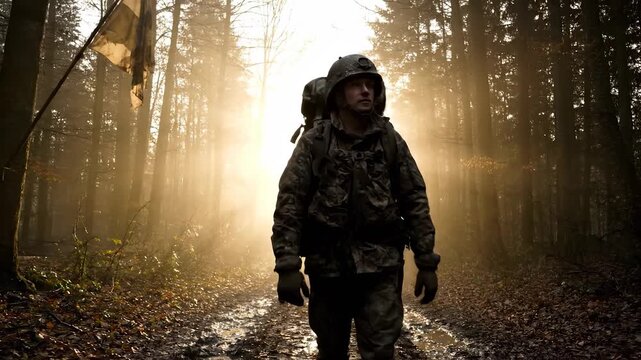 Soldier on patrol in forest. Sunrise backlights silhouette. Military backpack and helmet. Camouflage uniform and flag present. Soldier march along path through trees. Light creates dramatic mood.