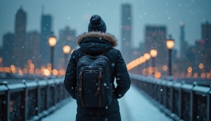Person with backpack walks on snowy bridge at dusk. City skyline with lights blurred in background. Snowflakes fall gently creating winter atmosphere. Cold urban commute or exploration.
