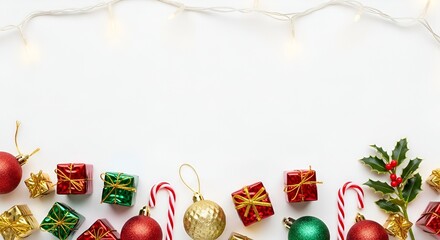 Christmas decorations and gifts arranged with festive lights on white background