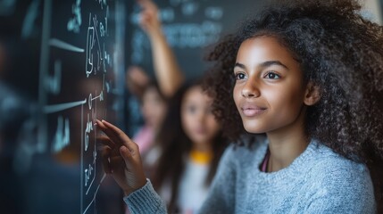 A focused young diverse girl points thoughtfully at complex mathematical equations written on a blackboard, actively participating in a classroom lesson.