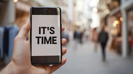 Holding a smartphone with the words 'It's Time' displayed on the screen, suggesting urgency. Blurred background of an outdoor setting with people walking.