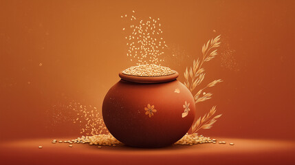 Traditional Earthen Pot with Falling Grains