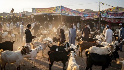 Obraz premium A bustling outdoor marketplace with people and livestock