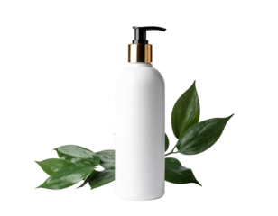 White cosmetic bottle with gold pump and green leaves.