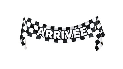 banderole repr&eacute;sentant un drapeau &agrave; damier avec le texte ARRIV&Eacute;E &eacute;crit dessus - rendu 3D sur fond transparent
