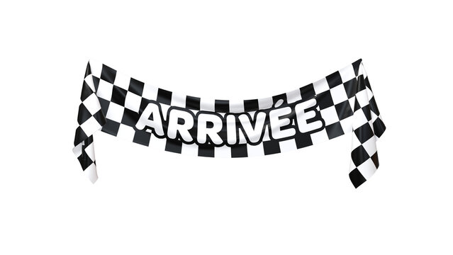 banderole repr&eacute;sentant un drapeau &agrave; damier avec le texte ARRIV&Eacute;E &eacute;crit dessus - rendu 3D sur fond transparent