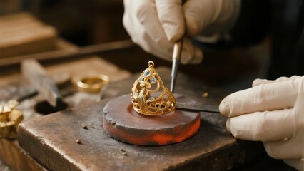 Jeweler crafting a gold ring with intricate filigree and gemstone details using precision tools