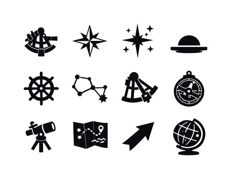 Celestial Navigation Icons. Celestial navigation. Solid icon set of celestial navigation: sextant, compass rose, North Star, horizon line, ship