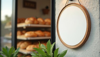 Blank round sign hangs on wall near bakery window displaying fresh baked bread. Space for text or logo. Retail display, shop exterior advertising.