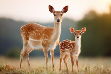 Deer duo standing in a field against blurry background sunlight