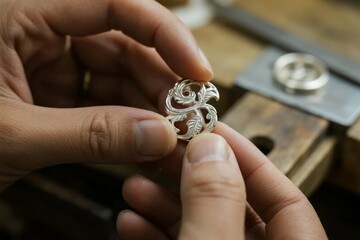Close-up of hands holding a detailed silver filigree ornament during jewelry crafting