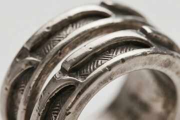 Close-up of an ornate silver ring with engraved patterns and layered bands