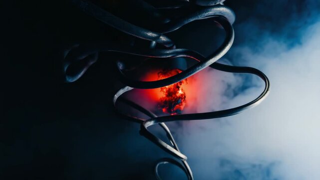 Black smoke ribbons strangling a pulse of expanding red light