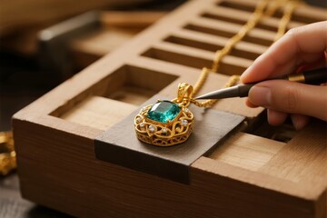 Hand crafting a gold pendant with a green gemstone using precision tools on a wooden workbench