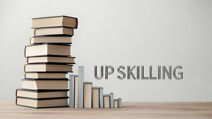 Stack of learning resources next to books arranged in a decreasing bar graph formation that spells out 'Up Skilling' in shiny chrome block letters. Conceptual image for learning.