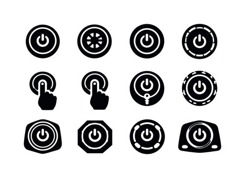 Push Start Icons. Push start. Solid icon set of Push start: push start button, engine start symbol, ignition button, car dashboard button, power start icon,