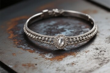 Silver bangle with central gemstone and intricate filigree design resting on a rusted metal surface