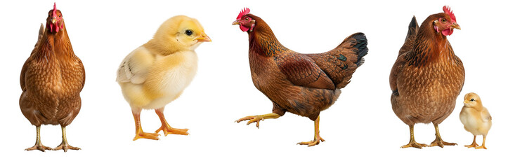 A collection of brown hens and bright yellow baby chicks posing together in various arrangements suggesting family and farm life on transparent background