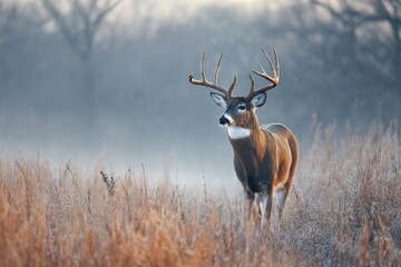 Fototapeta premium Majestic buck standing in a field at dawn with impressive antlers