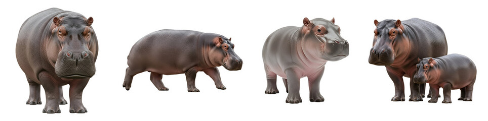 Fototapeta premium Collection of various hippopotamus poses including a close up adult facing forward a walking profile and a mother with calf standing together on transparent background