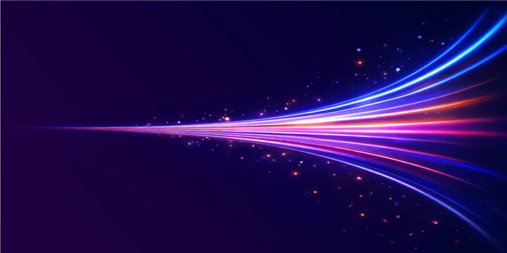 Abstract blue background with stars featuring a futuristic wave design of glowing purple lines and colorful light motion on a dark night space backdrop