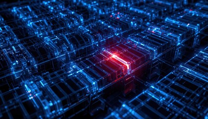 Abstract Glowing High Tech Circuit Board with Red Light Core, Futuristic Technology Background, Complex Network of Data Transfer, AI Processing Concept