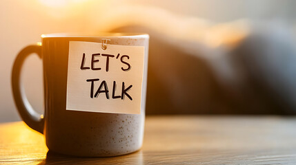 A cozy mug with a handwritten note saying "Let's Talk" is resting on a wooden table. Soft, warm light filters in, creating an inviting atmosphere. Communication starts with a good brew!