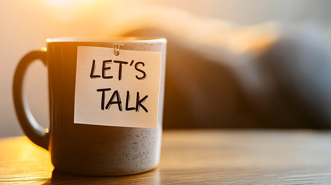 A cozy mug with a handwritten note saying "Let's Talk" is resting on a wooden table. Soft, warm light filters in, creating an inviting atmosphere. Communication starts with a good brew!