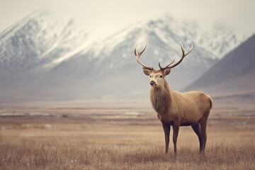 Majestic deer in natural habitat with mountain range backdrop
