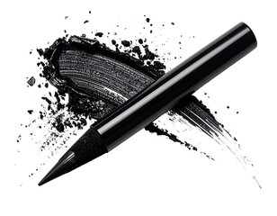 Black Liquid Eyeliner Pen with Smudged Swatch and Powder.