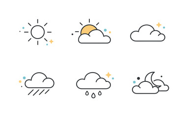 Fototapeta premium Minimalist Weather Icons. Minimal weather symbols. Abstract sun circles, cloud outlines, and small dots suggesting atmosphere. Decorative yet functional icon