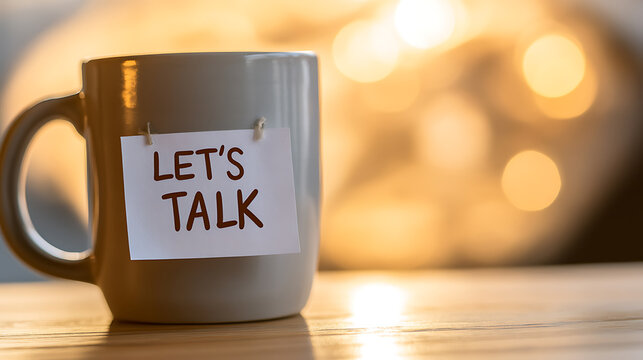 Warm beverage in a mug encouraging conversation. Cozy setting promotes openness, creating a safe space for sharing thoughts, feelings, and building connection.