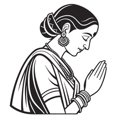 Naklejka premium art illustration of a woman in profile view, performing the traditional Indian greeting gesture 