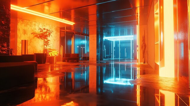 An abstract and atmospheric futuristic building interior with glowing orange and blue neon lights creating reflections on a wet, dark floor. - Powered by Adobe