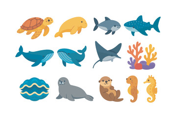Endangered Marine Icons. Endangered marine species. Colorful flat vector icons set of endangered marine species: hawksbill turtle, dugong, vaquita, whale