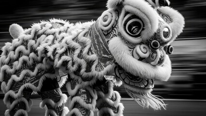 Monochrome Black and White Shot of a Chinese Lion Dance Performer in Motion, Emphasizing Traditional Details and Energy