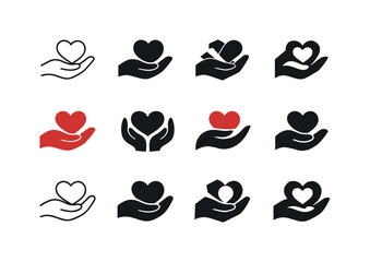 Romance Emblem Icons. Positive reinforcement in romantic relationships. Icon set. Set Logo of Positive reinforcement in romantic relationships: caring hand