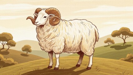 Majestic Ram with Large Horns Standing in a Sepia Toned Landscape Illustration