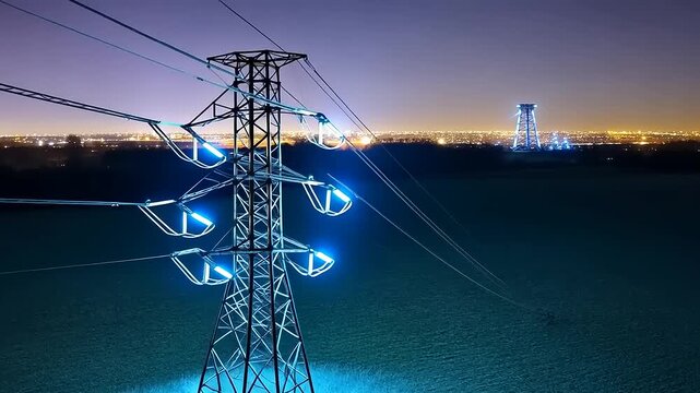 Electric Power Transmission Towers at Night - A Symphony of Light and Energy.