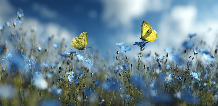 Yellow butterflies flitting over blue wildflowers against a vibrant sky