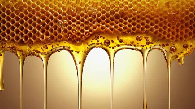 Close-up of honey dripping slowly from comb, cinematic macro warmth and viscosity
