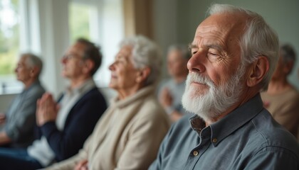 Elderly people sit in chairs practicing mindful breathing and posture exercises together. Seniors focus on instruction and improve their physical and mental wellbeing in a group class.