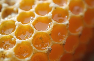 Close up of hexagon honeycomb cells filled with golden honey and pollen. Wax structure shows texture and natural sweet product from beehive. Macro view of organic food ingredient.