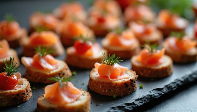 Elegant canapes with salmon and cherry tomatoes on bread rounds arranged on a dark slate surface. Mini appetizers offer a gourmet food experience for parties and events.
