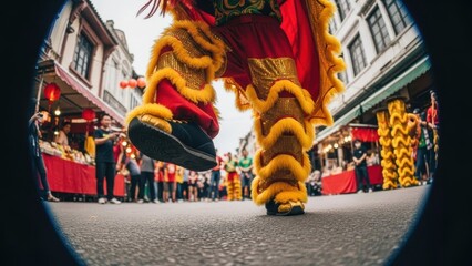 Low Angle View of a Lion Dance Performer's Feet in a Bustling Street Market During Chinese New Year