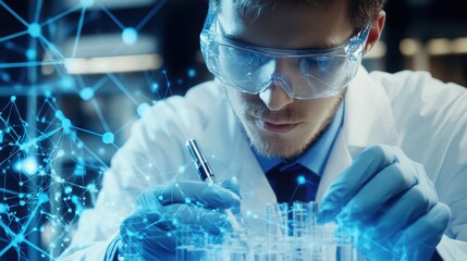 A focused male scientist wearing safety goggles and blue gloves meticulously works with laboratory beakers, surrounded by a glowing blue digital network representing scientific innovation.