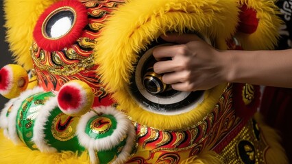 Close-up of a Hand Adjusting the Eye of a Yellow Chinese Lion Dance Costume, Emphasizing Intricate Detail