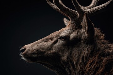 Fototapeta premium Majestic deer profile with antlers against dark background in dramatic lighting