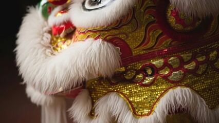 Close-up of an Intricately Designed White and Gold Chinese Lion Dance Head, Highlighting Textile and Craftsmanship