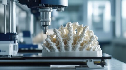 A close-up view captures a sophisticated 3D printer meticulously crafting an intricate white coral-like structure with remarkable detail and precision.